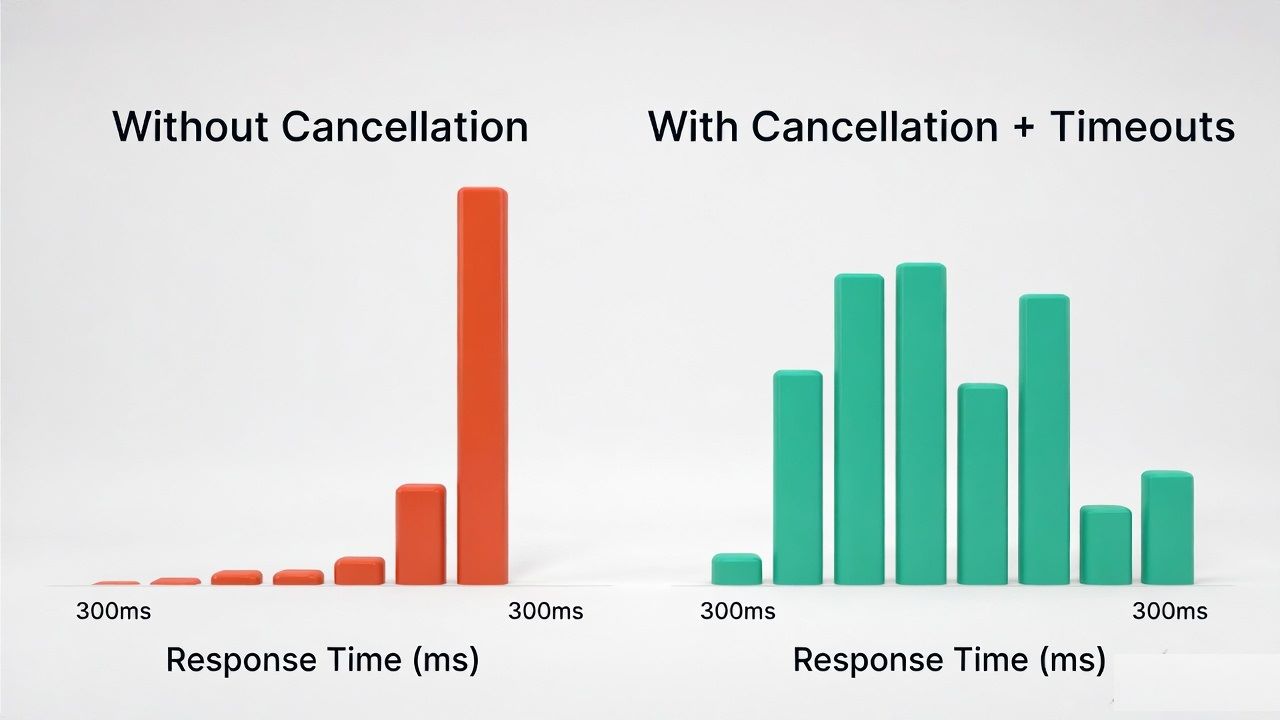 Before/after latency histogram.